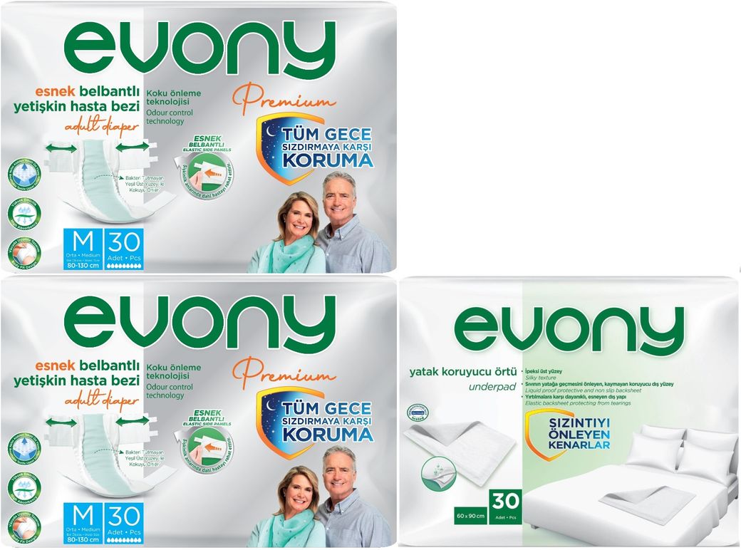 Premium Hasta Bezi Yetişkin Bel Bantlı Tekstil Yüzey Orta 60 Adet+ Yatak Koruyucu Örtü 30 Adet