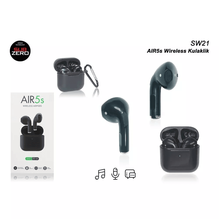 PY8xv5UTyO Subzero Sw21 Air5S Siyah Kılıf Hediyeli Bluetooth Kulaklık