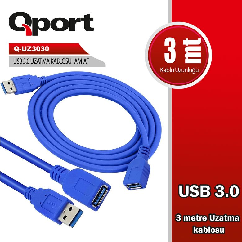 Qport Q-UZ3030 USB 3.0 Uzatma Kablosu 3 m