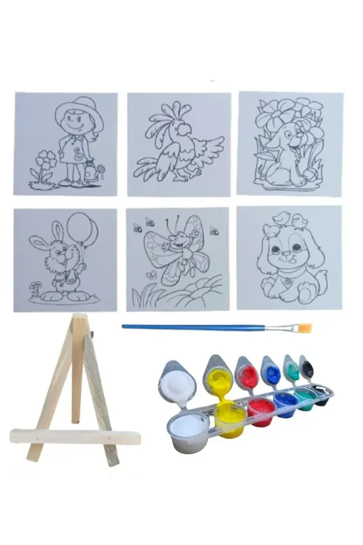 quilling TuvalSet Şövaleli 6Lı Tuval Boyama Seti, 6 Farklı Resimli Baskılı Tuval Ve 6 Renk Boya Fırça Set
