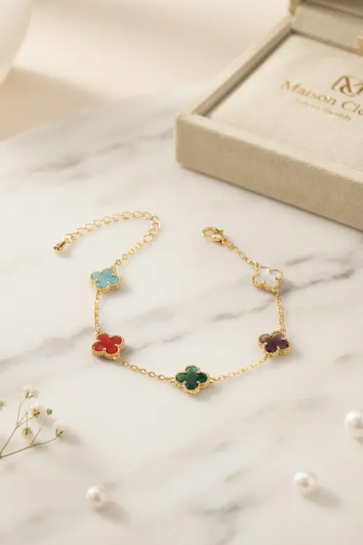 Renkli Kristal Taşlı Gold Renk Yonca Model Kadın Bileklik TJ-BB8853