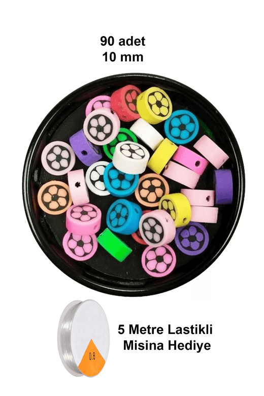 RT-RYL-B-0040-90 90 Adet 10 Mm Polimer Kil Fimo Boncuk Takı Bileklik + 5 Metre Lastikli Misina Hediye - Renkli Çiçek