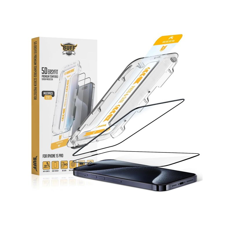 Sale 131614961 Buff, İphone 15 Serisi İle Uyumlu 5D Easyfit 2 Adet Kolay Uygulama Aparatlı Ekran Koruyucu Temperli Cam, İphone 15 Pro, Şeffaf