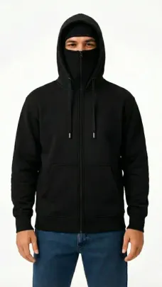 Samuray Ninja Çift Kapüşonlu ZIP Fermuarlı Kanguru Cepli Tam Fermuarlı Hoodie Sweatshirt - Siyah