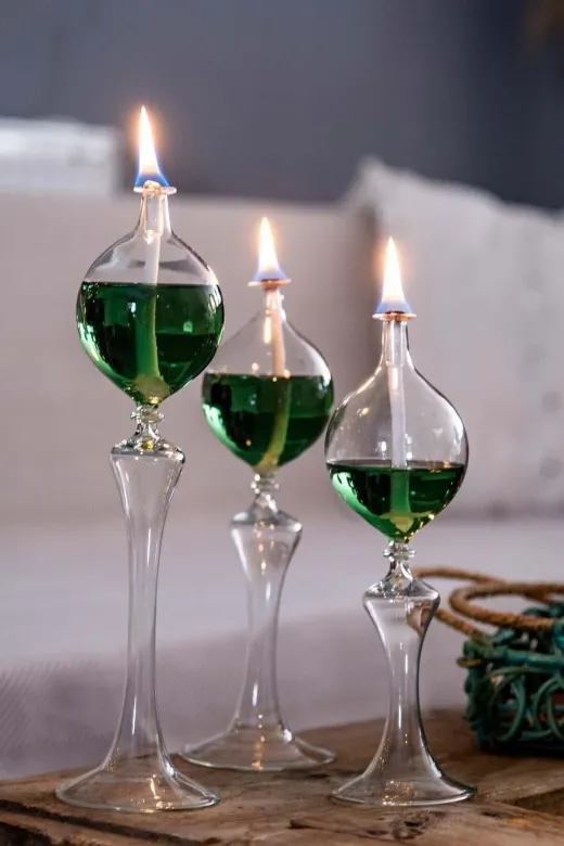 Shabbo Glass SHB0020220010 Drops Ayaklı Cam Kandil 3'lü Set Kandil Yağı Zümrüt Yeşili