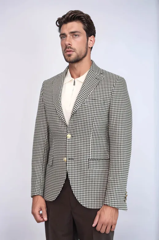 Siyah & Krem Kazayağı Desenli Gold Renk Metal  Düğmeli Slim Fit Erkek Blazer Ceket - Wessi