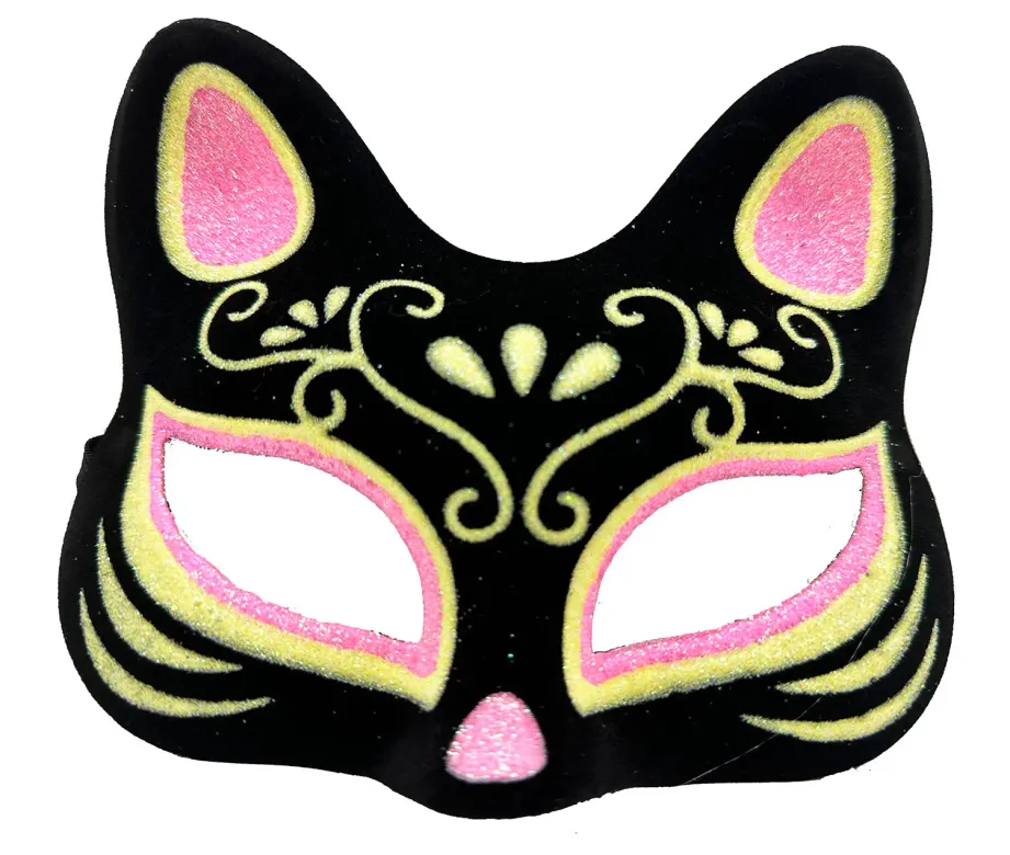 Siyah Renk Süet Kaplama Üzeri Pembe Sarı Simli Kedi Maskesi 17x14 cm (4745)