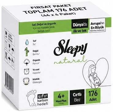 Sleepy Bebek Bezi Natural 4+ Beden (9-16 KG) Maxi Plus 176 Adet Avantaj Fırsat Pk