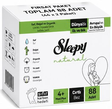 Sleepy Bebek Bezi Natural 4+ Beden (9-16 KG) Maxi Plus 88 Adet Ekonomik Fırsat Pk