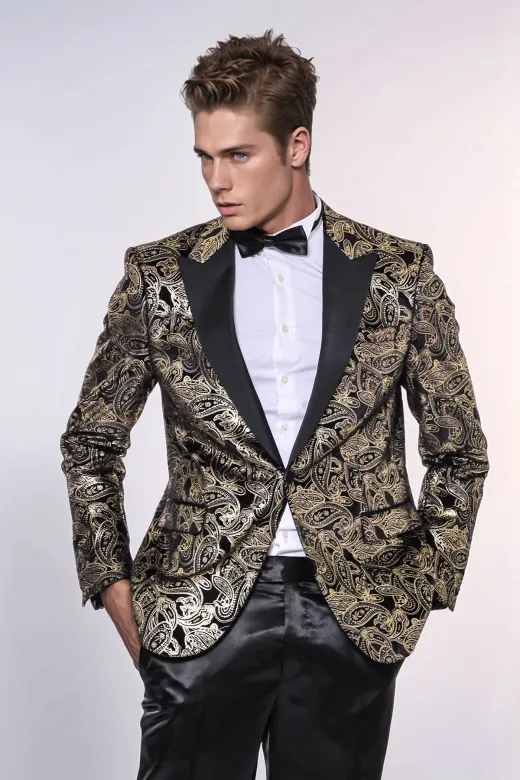 Slim Fit Altın Şal Desenli Siyah Erkek Smokin Blazer