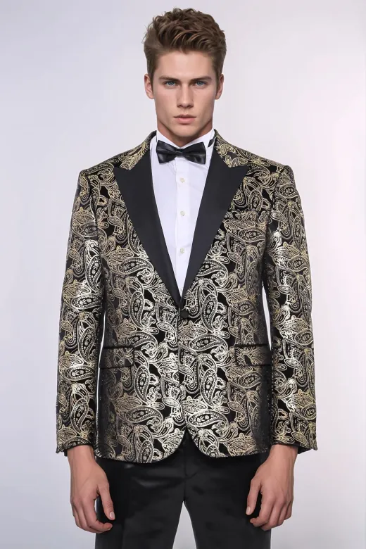 Slim Fit Altın Şal Desenli Siyah Erkek Smokin Blazer
