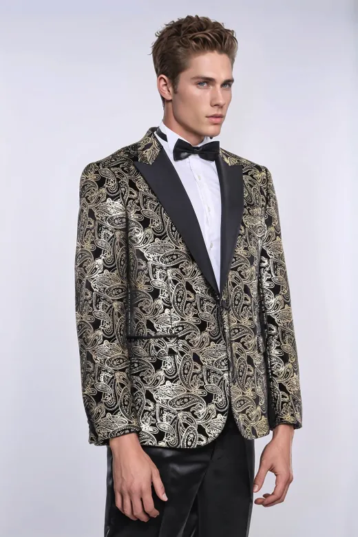Slim Fit Altın Şal Desenli Siyah Erkek Smokin Blazer