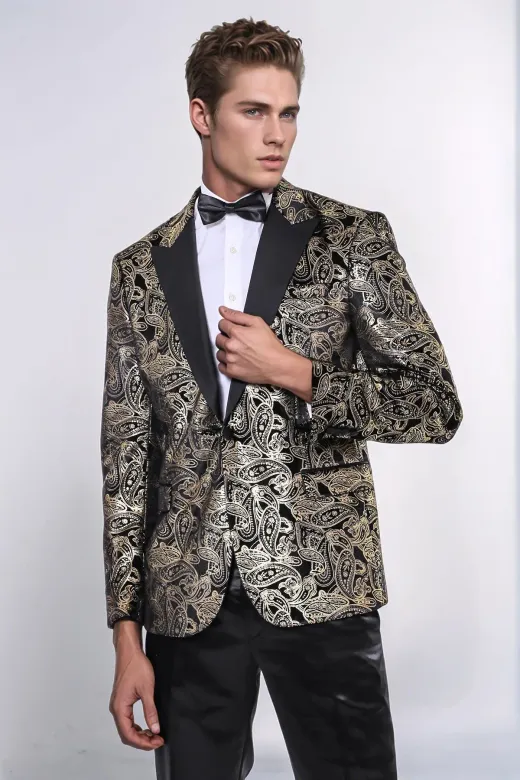 Slim Fit Altın Şal Desenli Siyah Erkek Smokin Blazer