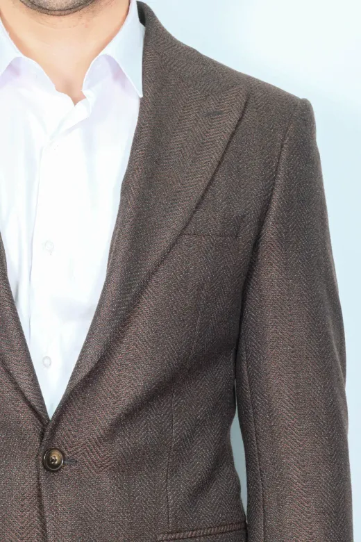 Slim Fit Desenli Kahverengi Erkek Ceket - Wessi