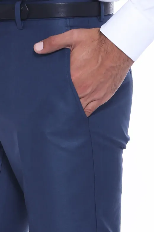Slim Fit Düz İndigo Mavi Erkek Kumaş Pantolon - Wessi