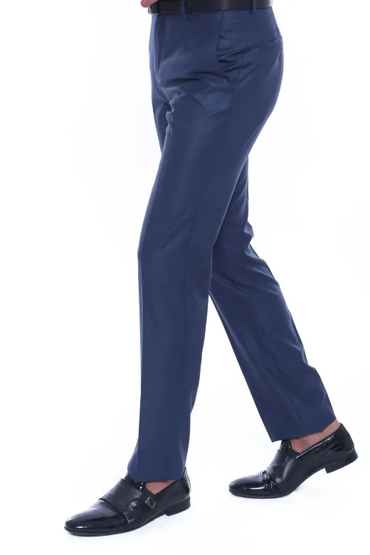 Slim Fit Düz İndigo Mavi Erkek Kumaş Pantolon - Wessi