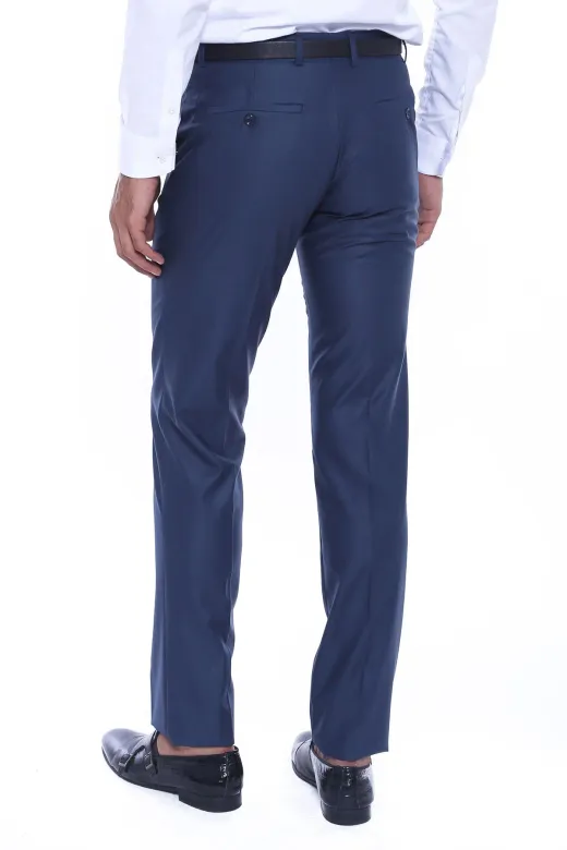 Slim Fit Düz İndigo Mavi Erkek Kumaş Pantolon - Wessi