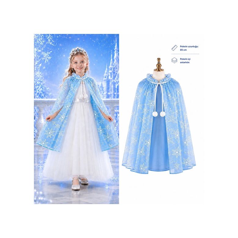 Solmazlar Online 126378000 Mey İthalat Kar Tanesi Desenli Mavi Elsa Pelerini - Astarlı Frozen Pelerini 85 Cm