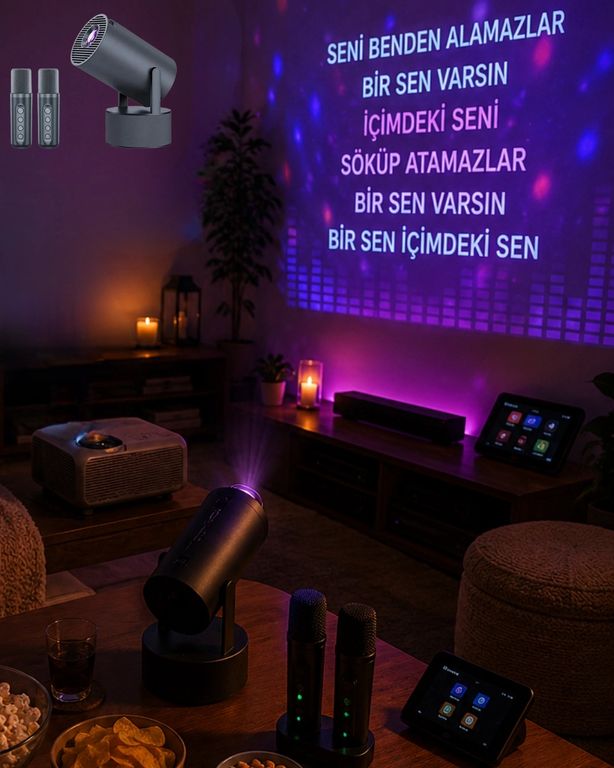 Solmazlar Online 129908180 Mey İthalat Bluetooth Hoparlörlü Akıllı Projektör Kablosuz Karaoke Mikrofonlu