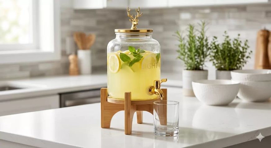 Solmazlar Online 129999005 Mey İthalat Geyik Figürlü Gold Lüks Cam İçecek Sebili - 3.6 Litre Bambu Standlı Meyve Suyu Kovası
