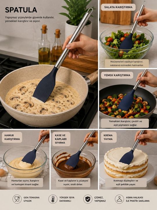 ST 57855210126166480184975 Silikon Servis Spatulası Paslanmaz Çelik Saplı Yapışmaz Tava Uyumlu Turnerb Palu Silikon Spatula, Günlük Mutfak Kullanımında Pratiklik Sağlayan Ergonomik Ve Modern Tasarımıyla Öne Çıkar. 0