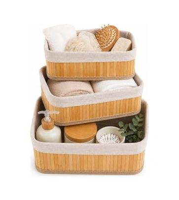 Stp Standartplast 57855210125966580184975 Bambu Organizer Sepet 3 Lü Set Kumaş Kaplı Dekoratif Saklama Kutusu, Çok Amaçlı Düzenleyici Banyo, Mutfak, Dolap Açık Ahşap