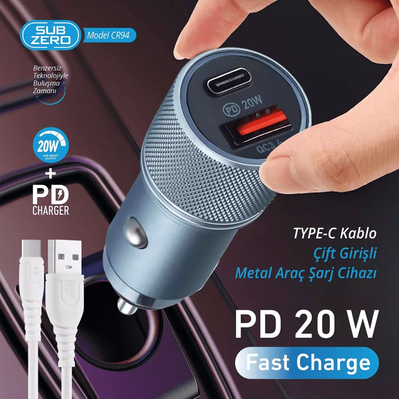 Subzero Cr94 20W 3.4A Hızlı Pd+Usb Çıkışlı Type-C Araç İçi Şarj Aleti Cihazı