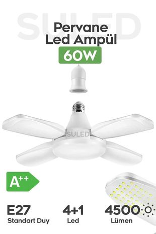 SULED Pervane Led Ampül 60W 4500 Lümen Süper Güçlü E27 Lamba A++ Beyaz Işık 4+1