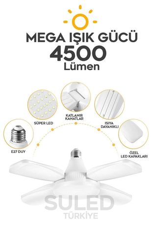 SULED Pervane Led Ampül 60W 4500 Lümen Süper Güçlü E27 Lamba A++ Beyaz Işık 4+1