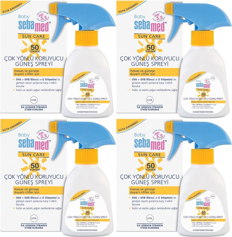 Sun Care Bebek Güneş Losyonu Kremi Sprey 50+ Faktör 200ML (Hassas Ciltler İçin) (4 Lü Set)