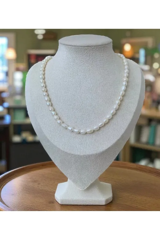 Taş-Mir ortaboyarpa-celik-inci-kolye 40Cm Doğal Orta Boy Arpa Inci Kolye - Çelik Aparat - 40Cm 7Cm Uzatma Zinciri