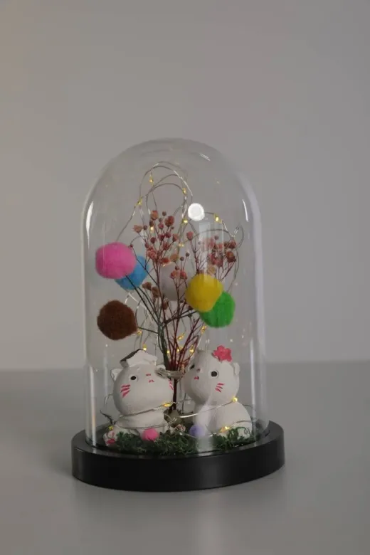 Tasarım DSALLD1115AS Led Işıklı Mini Ağaç Aşık Kediler Fanus Teraryum