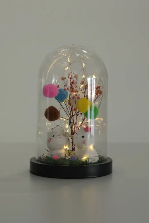 Tasarım DSALLD1115AS Led Işıklı Mini Ağaç Aşık Kediler Fanus Teraryum