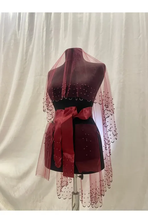 Tasisleme1 Bordo Işıl Işıl Kristal Taş Ve İncili Kına Duvağı, Kına Örtüsü, Duvak Seti