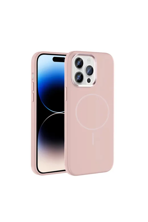 Techaks T40640-TCHS Iphone 14 Pro Max Kılıf M-Safe Şarj Özellikli Metal Kamera Çerçeveli Tchs Edi Silikon Kapak - Rose G