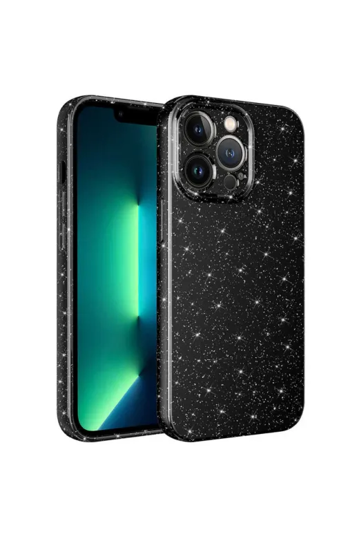 Techaks TCHS-25305 Iphone 13 Pro Uyumlu Kamera Korumalı Simli Lüks Zore Koton Kılıf-Siyah