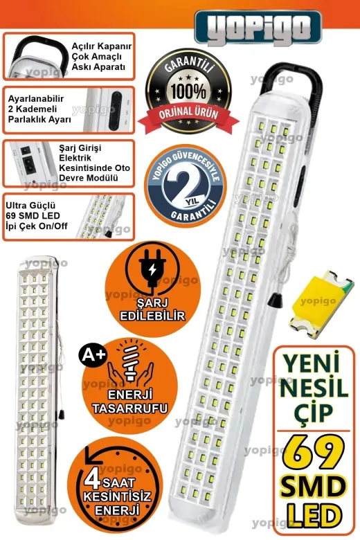 teknotrust TYC4DWBKBN Beyaz Yp 69 Led Şarjlı Otomatik Işıldak 2 Kademeli Ledli Acil Aydınlatma Kafa Çadır Kamp El Feneri
