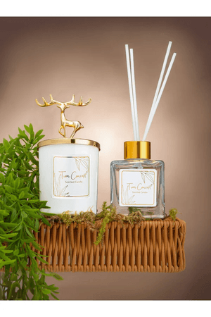 Tiem Concept 2021154-1 Geyik Başlıklı Gold Detaylı Çubuklu Oda Kokusu 100 Ml Ve Beyaz Bardak Mum Seti