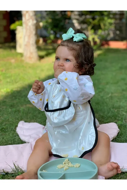 Timburly mamaönlükpuantiye Baskılı Sıvı Geçirmez Leke Tutmaz Kolay Silinebilir Kolluklu Mama Önlüğü