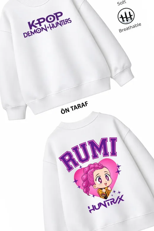 Trend Çocuk Kız Model Tam Kalıp Oversize Ön Arka Baskılı Rumi 2 İplik Pamuğa Pamuk Kumaş Sweatshirt