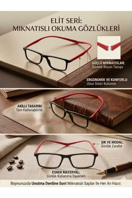 Trend Milano YKNOKMA Unisex Mıknatıslı Yakın Okuma Gözlüğü-Esnek Saplı-Siyah/kahverengi Ve Siyah Kırmızı Saplı Seçenekli