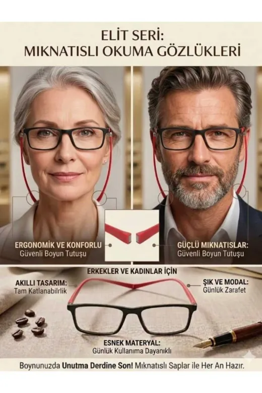Trend Milano YKNOKMA Unisex Mıknatıslı Yakın Okuma Gözlüğü-Esnek Saplı-Siyah/kahverengi Ve Siyah Kırmızı Saplı Seçenekli