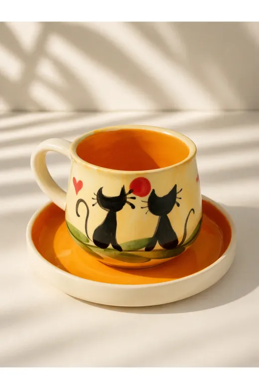 TTK teknoloji 37383438 El Emeği Zarafeti: Kedi Desenli Seramik Kahve Fincanı/kupa Ve Tabağı