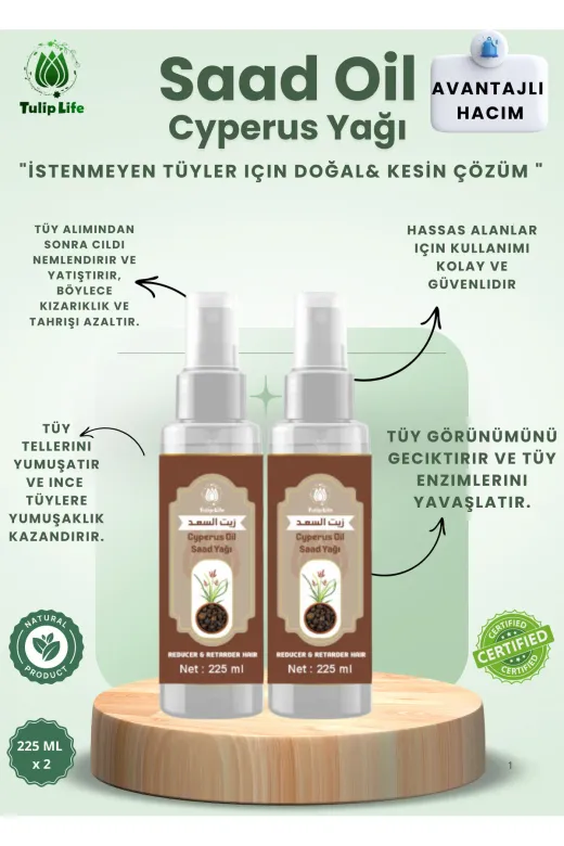 tulip life saad225x2 Tüy Azaltıcı Dökücü Incetici Saad Oil ( Cyperus Rotundus Oil ) 225 Ml ( (2 Pieces) 450 Ml