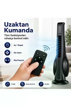 Turbo Smart Akıllı Fan Led Ekranlı Kumandalı 90° Hareketli Serinletici Soğutucu Kule Tipi Vantilatör