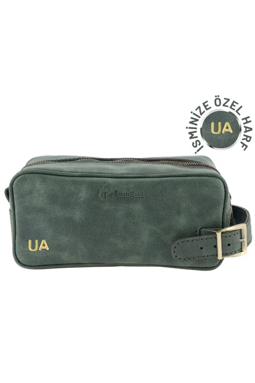 twingold AK01002 İsme Özel Dopp Kit Kişisel Bakım Ve Seyahat Çantası - %100 Rainbow Deri - Ac14004 - Haki