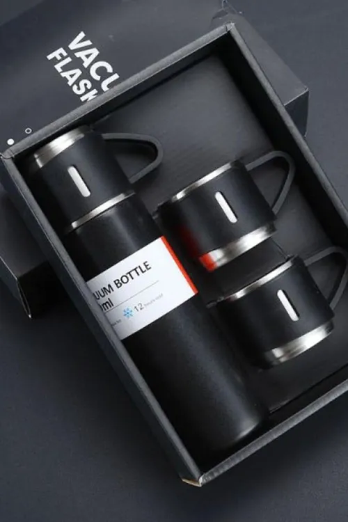 Üç Kapaklı Paslanmaz Çelik Termos Siyah 500 Ml