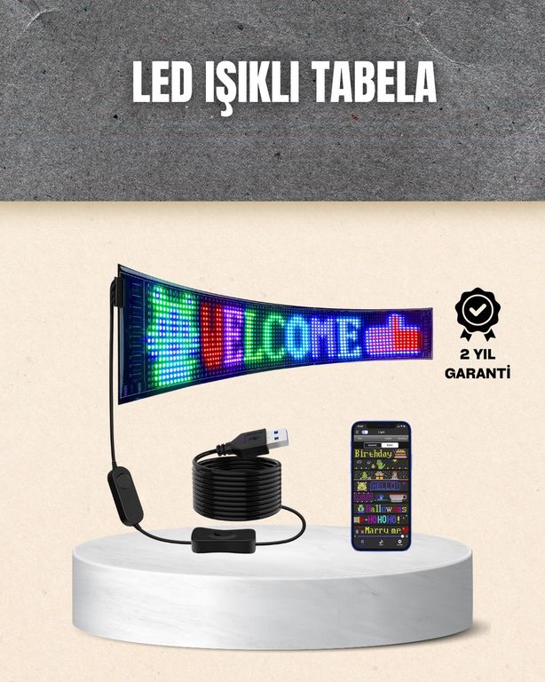UCUZTEKNO 114595795 Rgb Kayar Yazılı Led Reklam Ekranı Usb Bağlantılı Esnek Tasarım Çok Renkli