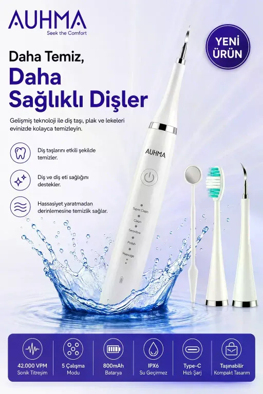 Ultrasonic şarjlı Elektrikli Akıllı Diş temizleme Cihazı Beyazlatıcı 5 Mod 3+1 Başlık, Ipx8 Su Geçirmez Beyaz
