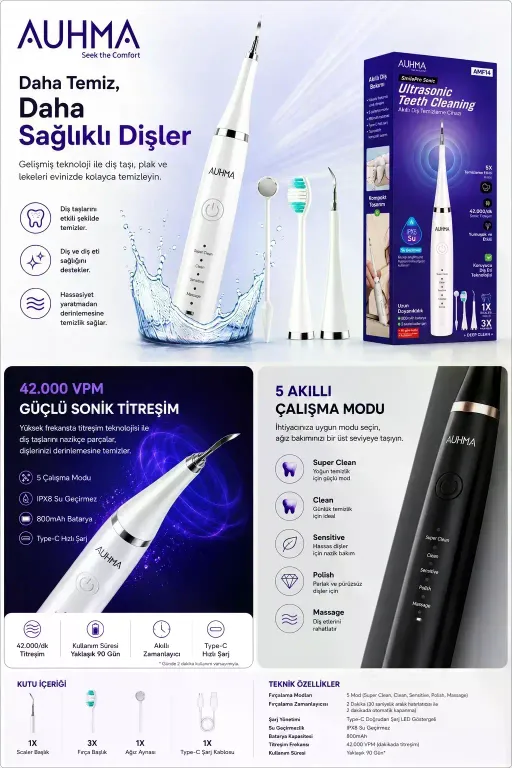 Ultrasonic şarjlı Elektrikli Akıllı Diş temizleme Cihazı Beyazlatıcı 5 Mod 3+1 Başlık, Ipx8 Su Geçirmez Beyaz